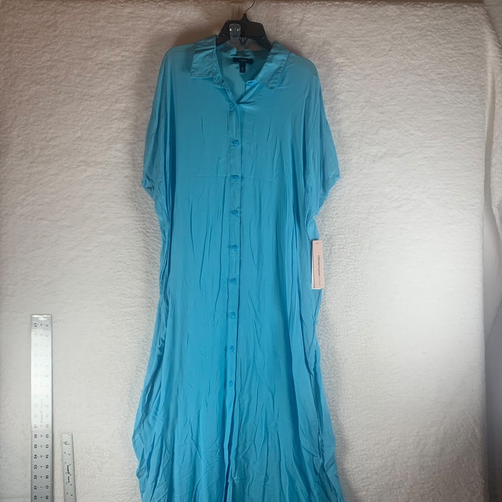 Aqua Swim Women's Blue Short Sleeve Button Down Maxi Dress Cover Up Size M NWT